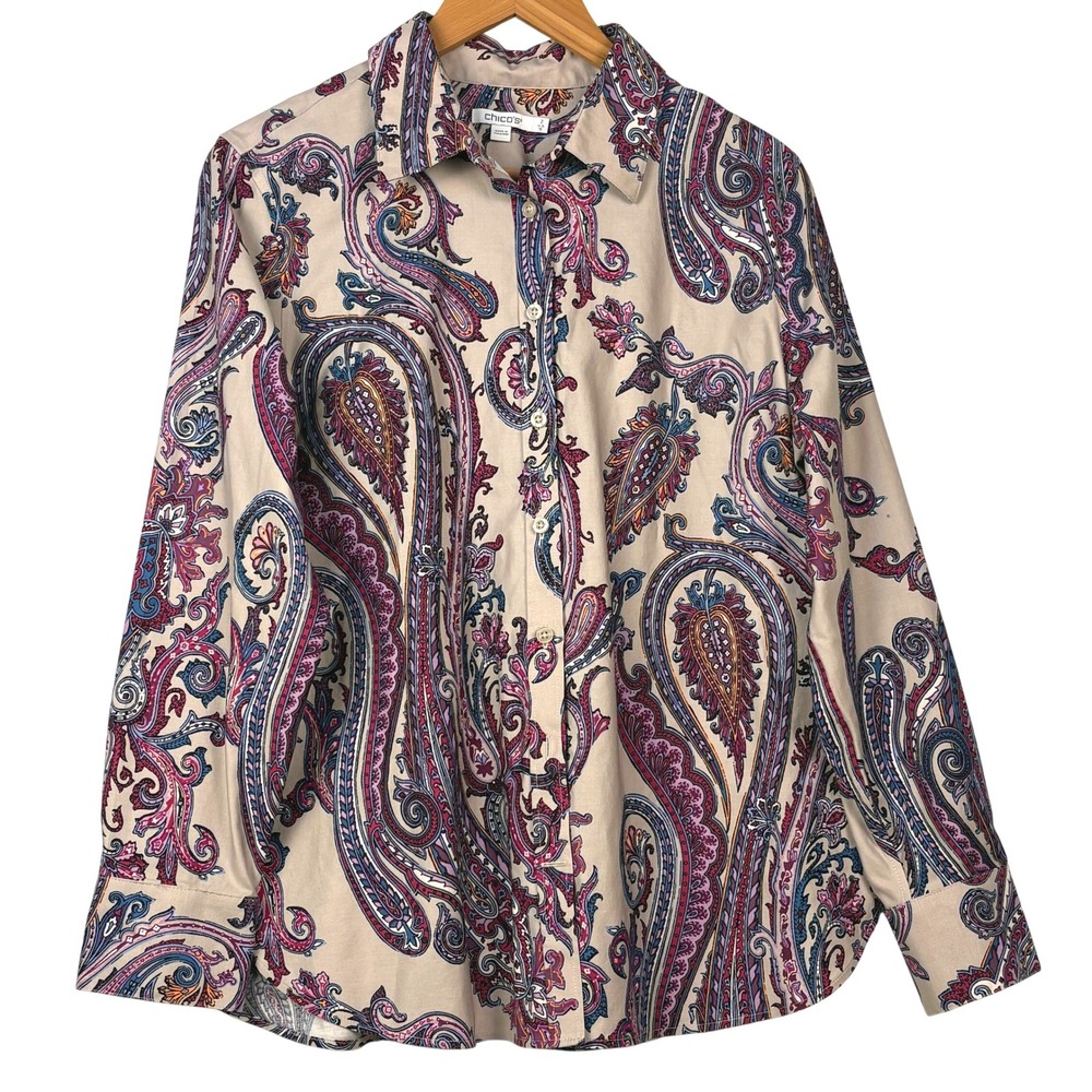 Chico's Women Long Sleeve Button Down Shirt Sz 2 US 12 Paisley Breathable Office